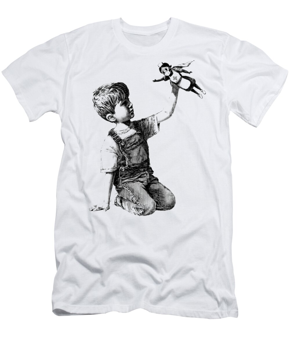 Boy and Superhero Nurse T-Shirt by Banksy Pixels