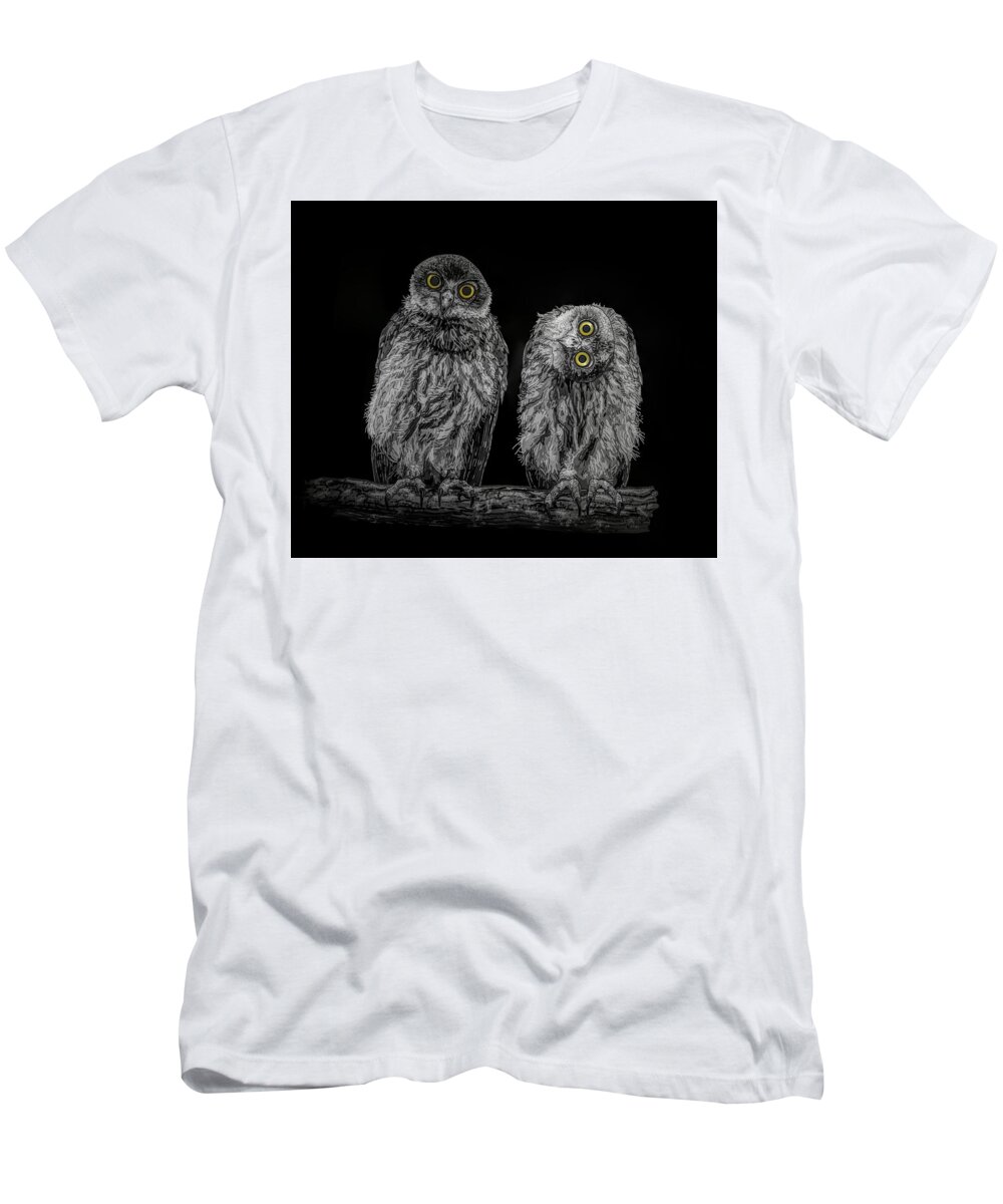 Portrait T-Shirt featuring the drawing Barking Owls Black And White by Joan Stratton