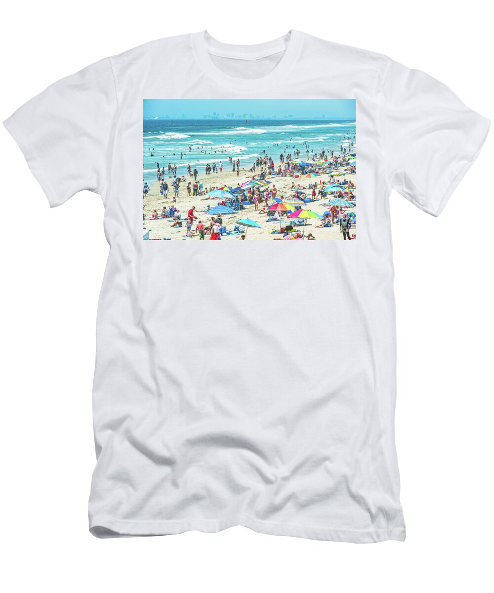 Huntington Beach T-Shirt featuring the photograph Beach Crowd and Summer Sunshine by David Zanzinger