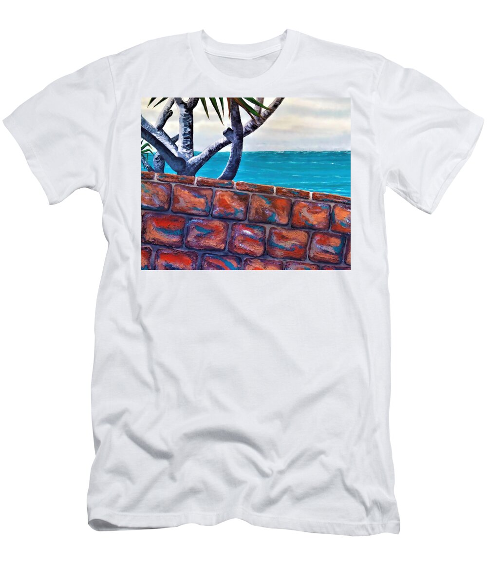 Beach View T-Shirt featuring the painting Beach Fence by Joan Stratton