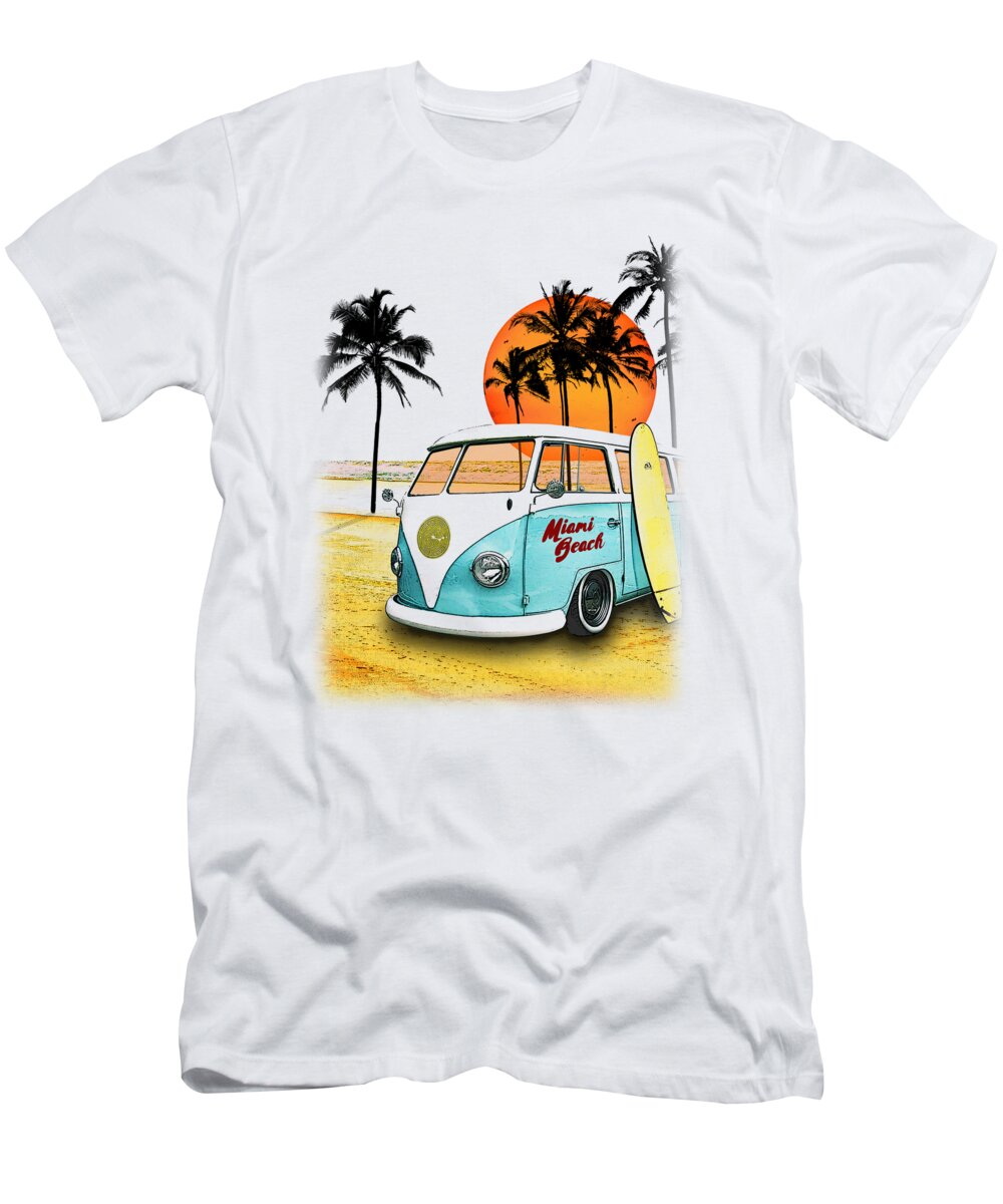 Beach T-Shirt featuring the digital art Beach with surfer bus by Madame Memento