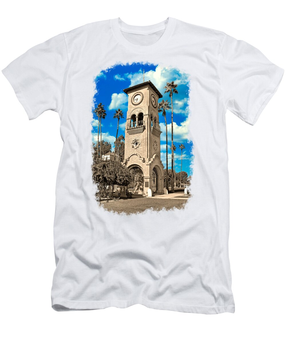 Beale Memorial Clock Tower T-Shirt featuring the digital art Beale Memorial Clock Tower in Bakersfield, California - black and white, with the blue sky isolated by Nicko Prints