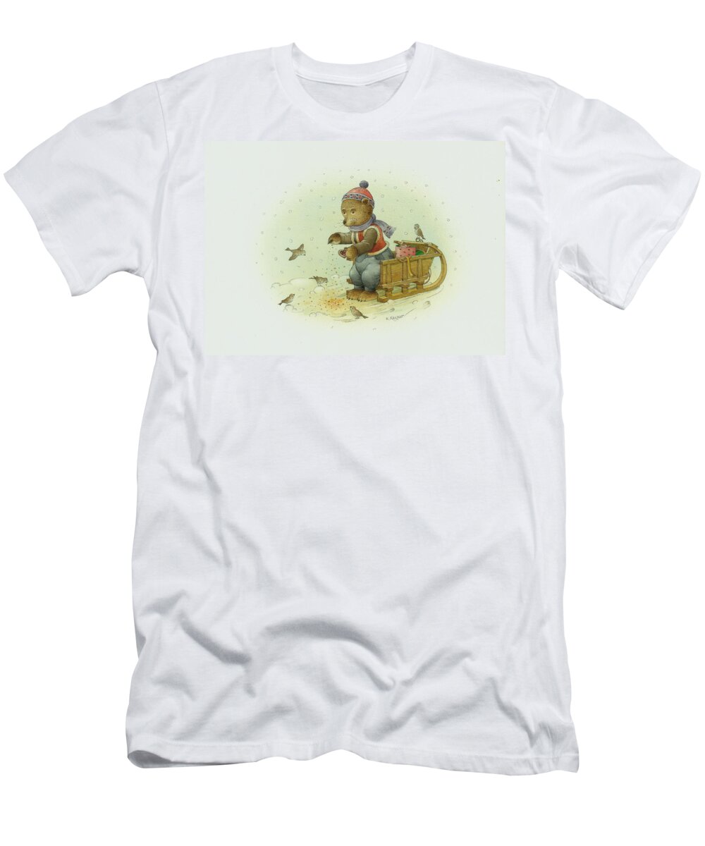 Christmas T-Shirt featuring the painting Bear and Birds by Kestutis Kasparavicius