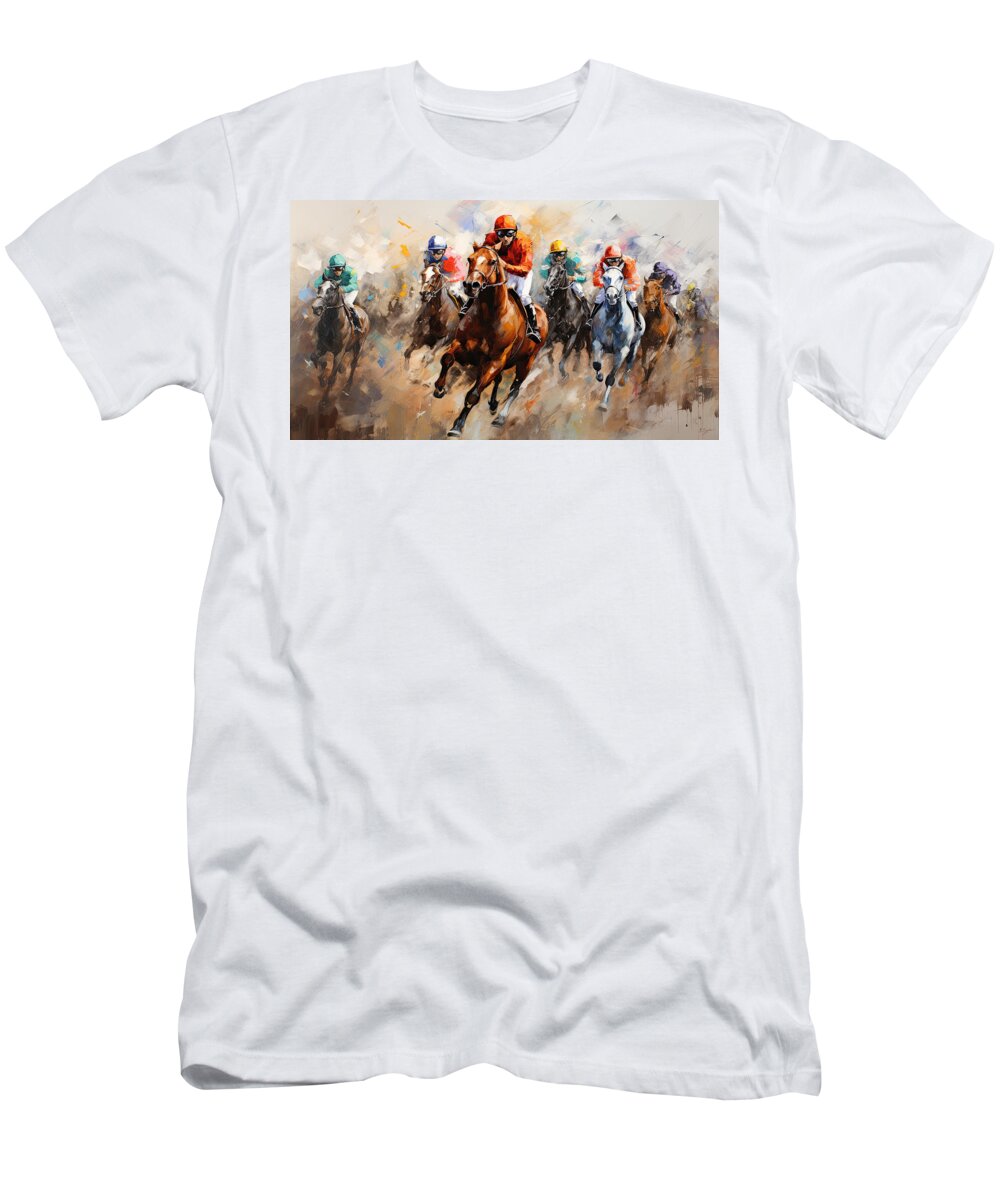 Horse Racing T-Shirt featuring the painting Beauty of Motion - Horse Racing Impressionist Art by Lourry Legarde