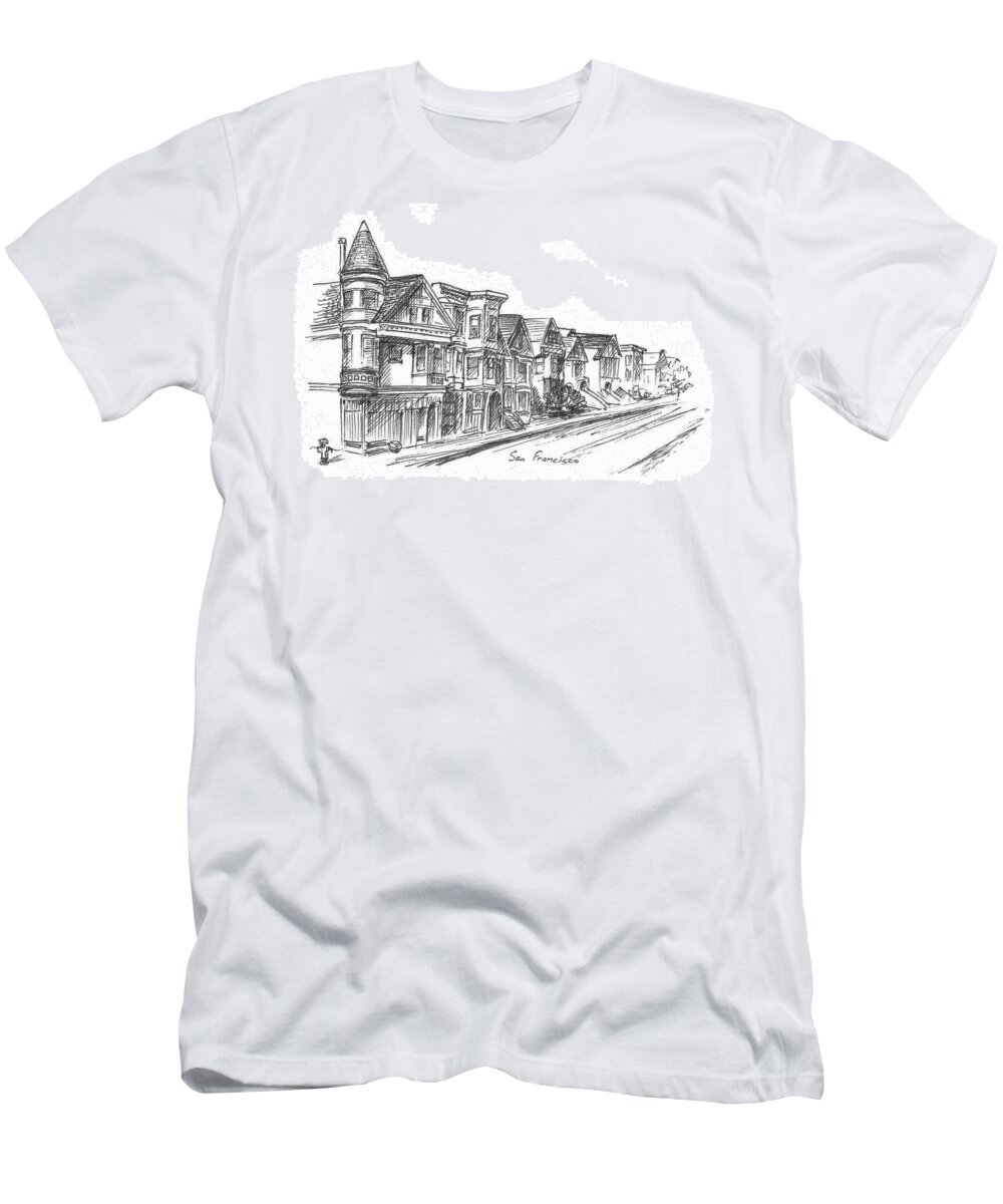 San Francisco T-Shirt featuring the painting Black And White Drawing Of Fulton Street San Francisco by Irina Sztukowski