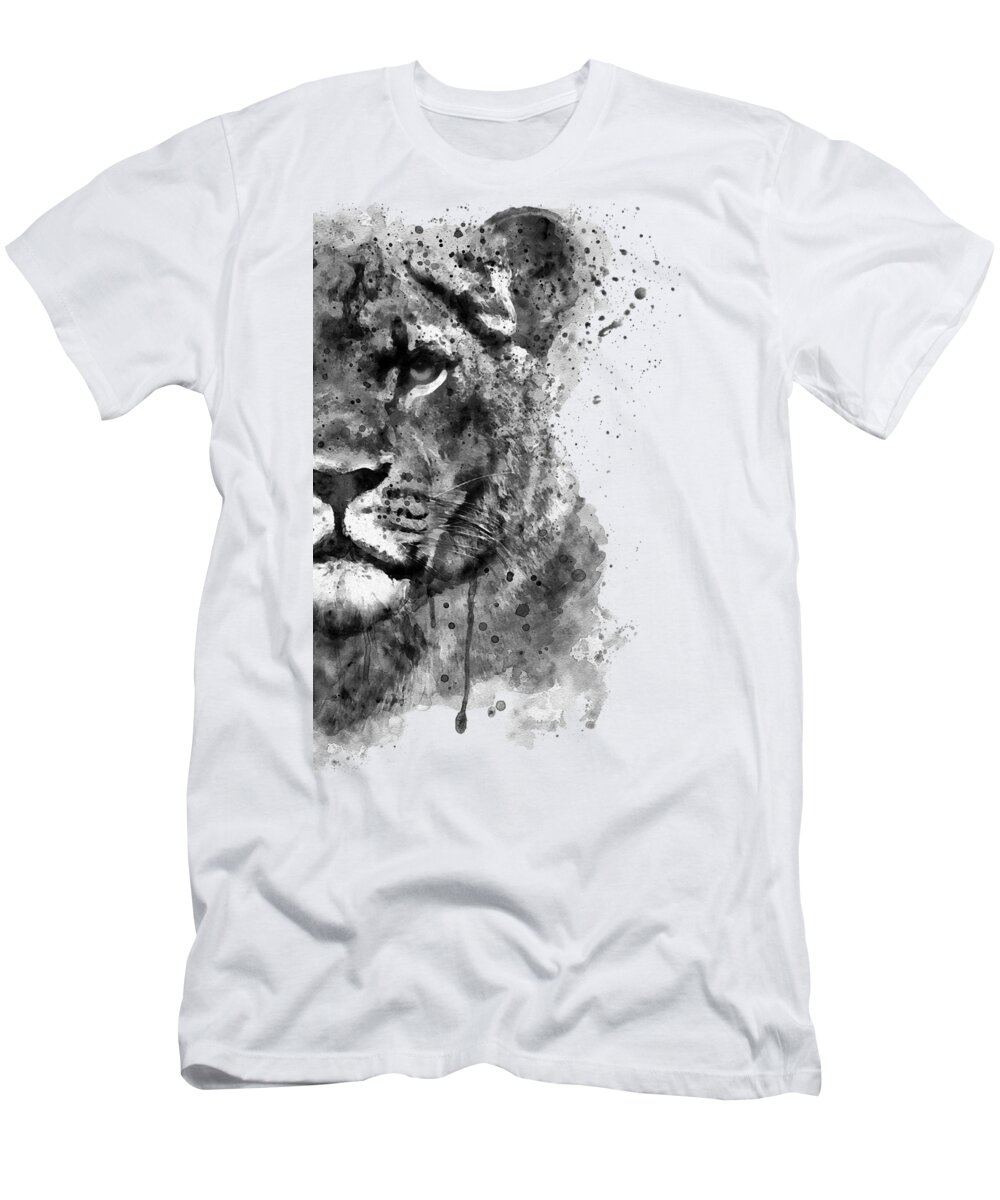 Marian Voicu T-Shirt featuring the painting Black And White Half Faced Lioness by Marian Voicu
