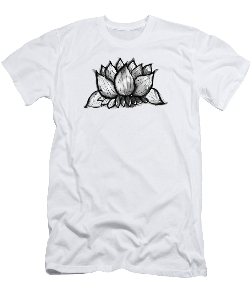 Flower T-Shirt featuring the drawing Black and White Ink Drawing Lotus Flower #4 by Simona Fava