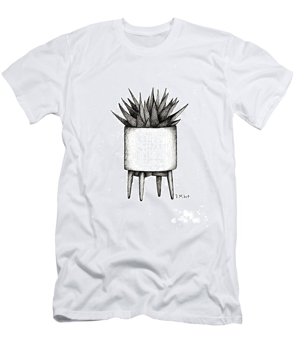 Mid Century Modern T-Shirt featuring the drawing Black and White Succulent in Mid Century Pot by Donna Mibus