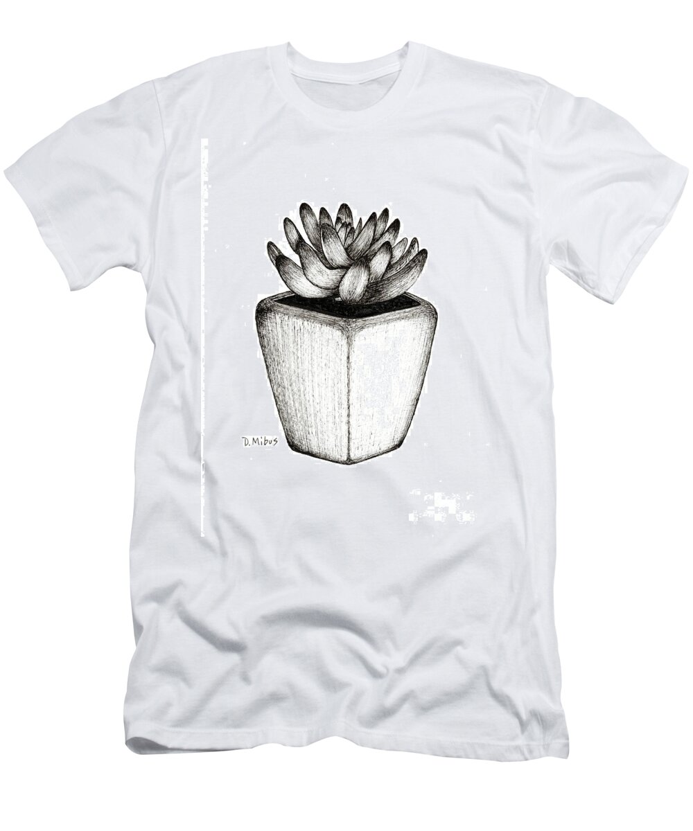 Succulent T-Shirt featuring the drawing Black and White Succulent in Pot by Donna Mibus