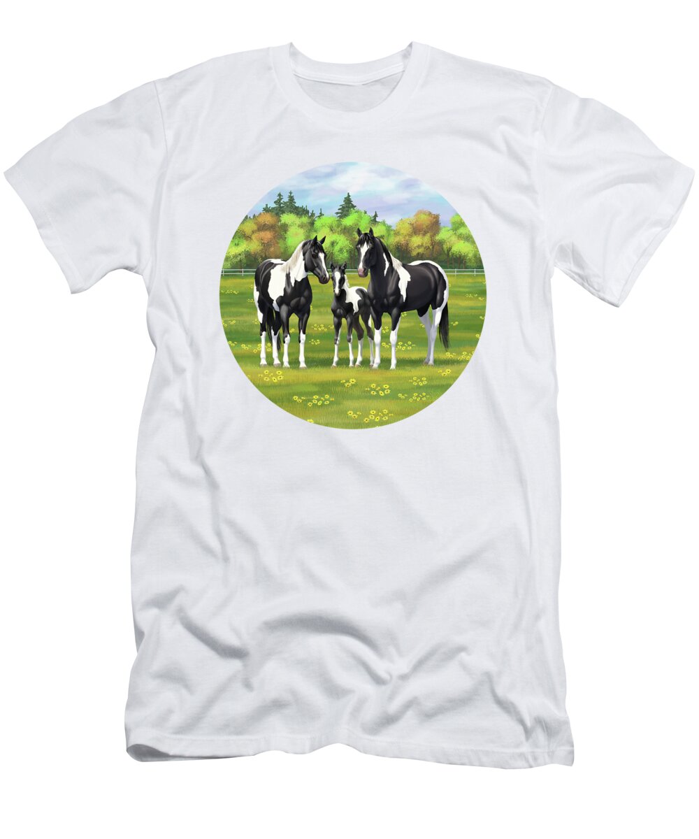 Horses T-Shirt featuring the painting Black Pinto Paint Quarter Horses in Summer Pasture by Crista Forest
