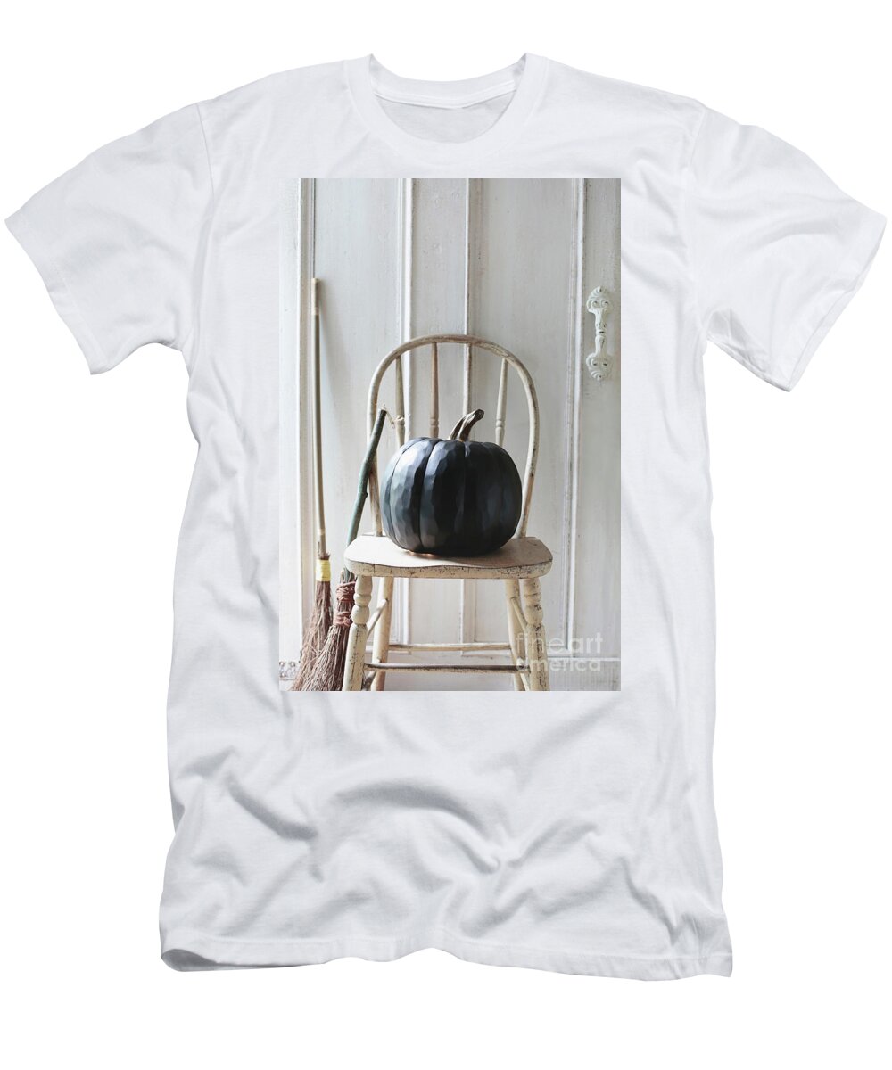 Halloween T-Shirt featuring the photograph Black pumpkin on old chair by Sandra Cunningham
