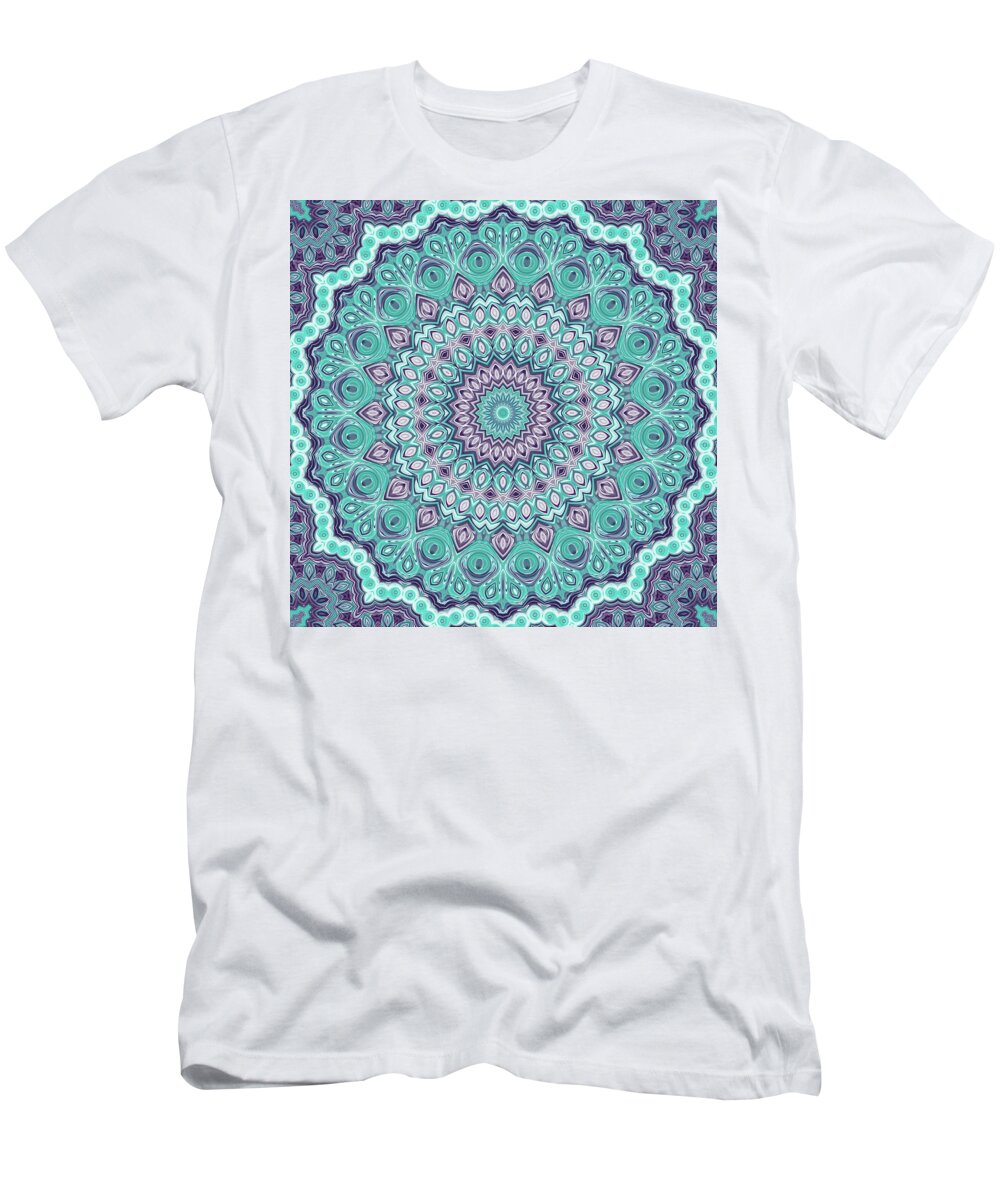 Blue T-Shirt featuring the digital art Blue and Purple Mandala Kaleidoscope Medallion Flower by Mercury McCutcheon