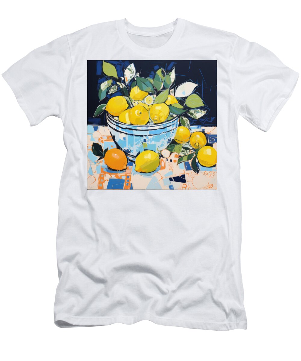 Lemons T-Shirt featuring the painting Blue and Yellow Kitchen Decor by Lourry Legarde