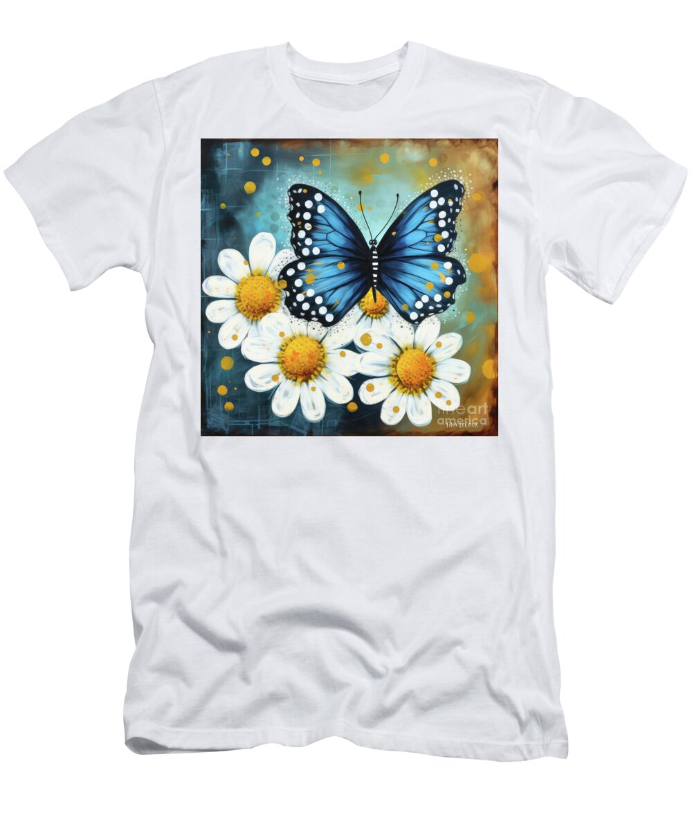 Blue Butterfly T-Shirt featuring the painting Blue Butterfly And Daises by Tina LeCour