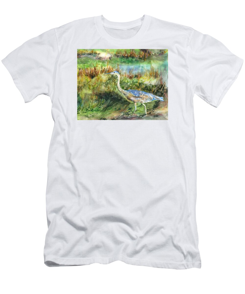 Animal T-Shirt featuring the painting Blue Heron in Refuge by Hiroko Stumpf