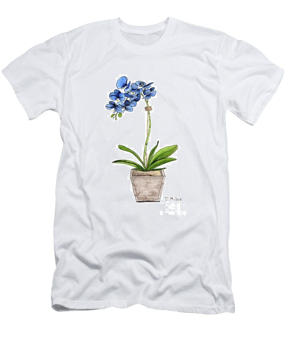 Blue Mystique Orchids T-Shirt featuring the painting Blue Mystique Orchids in Wood Planter by Donna Mibus