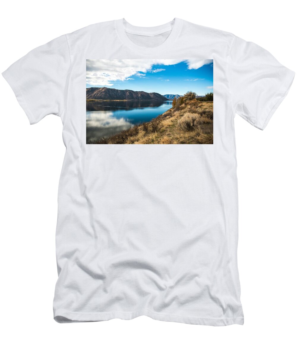Bluffs Above Blue Columbia T-Shirt featuring the photograph Bluffs above Blue Columbia by Tom Cochran