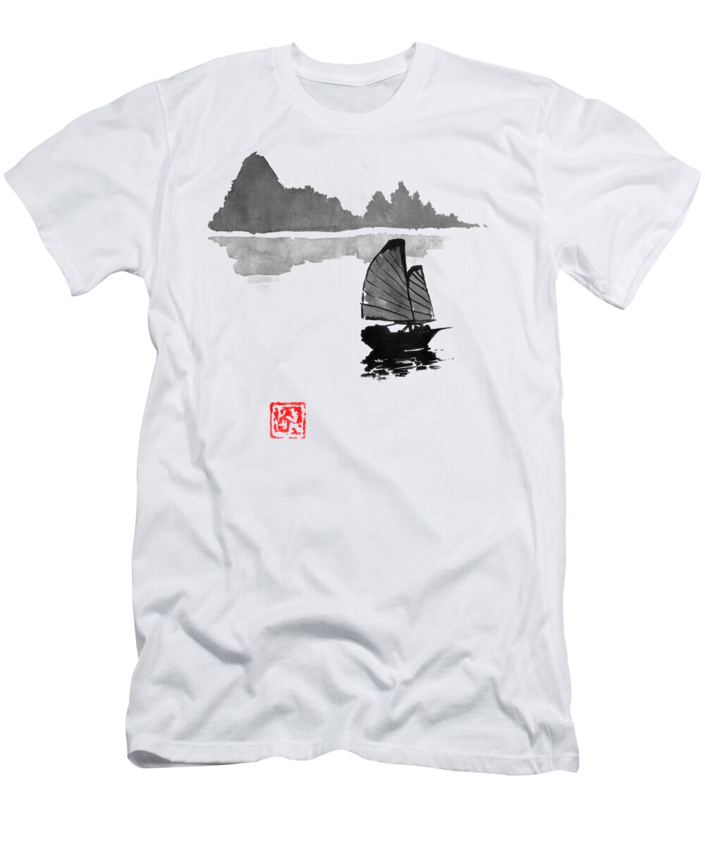 Bay T-Shirt featuring the drawing Boat On The River by Pechane Sumie
