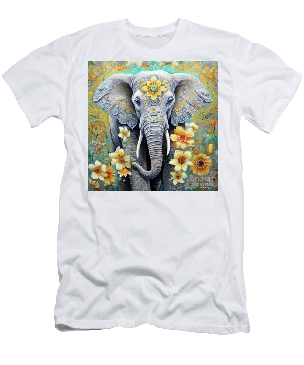 Elephant T-Shirt featuring the painting Bohemian Daisy Elephant by Tina LeCour