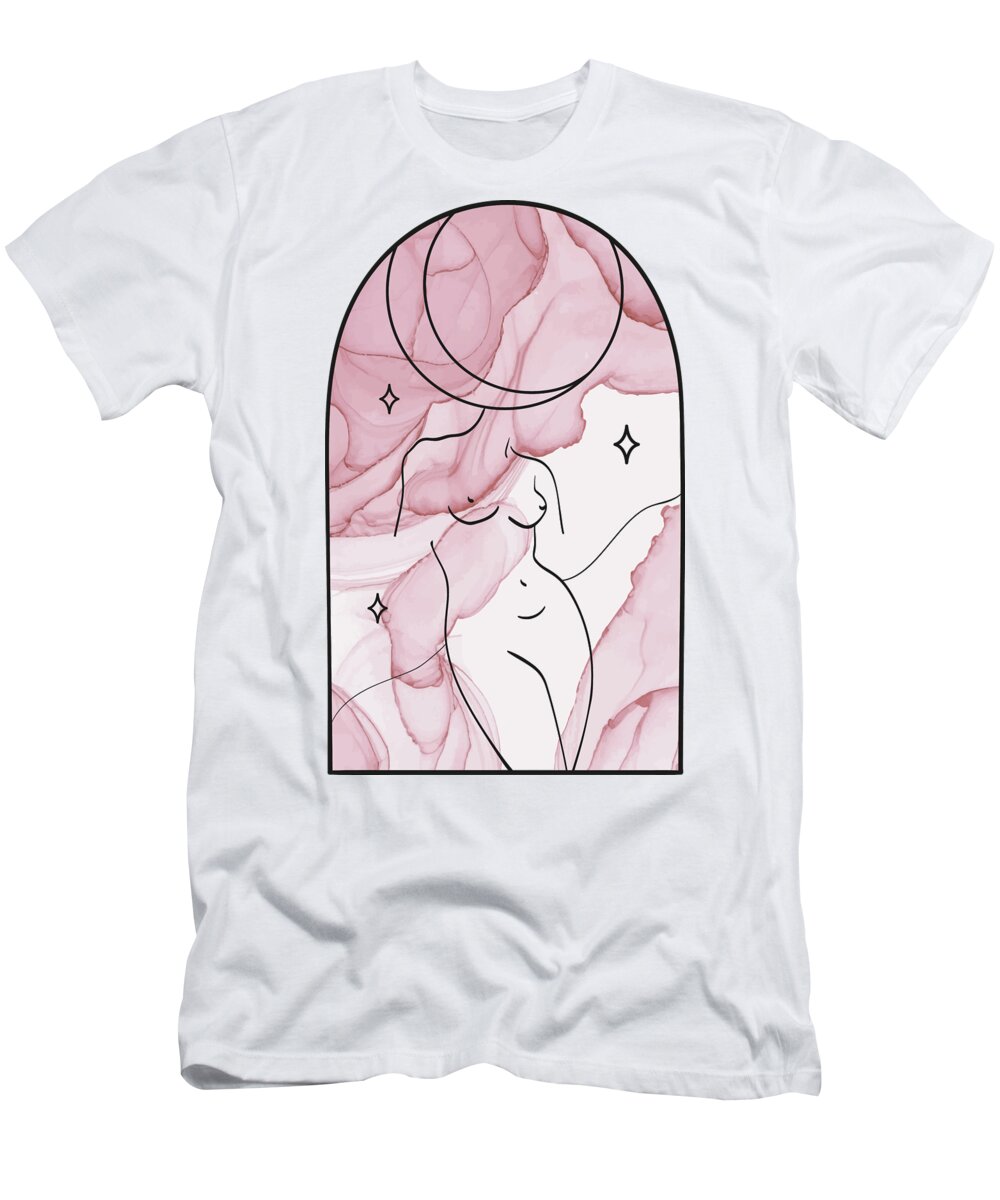 Ink-pen T-Shirt featuring the drawing Bohemian modern arch collection minimal nude woman line art abstract ink texture marble frame, No 02 by Mounir Khalfouf