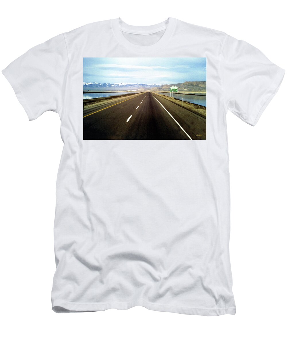 Bonneville T-Shirt featuring the digital art Bonneville Speedway 2 Miles to go, Exit 4 straight ahead by Peter Kraaibeek