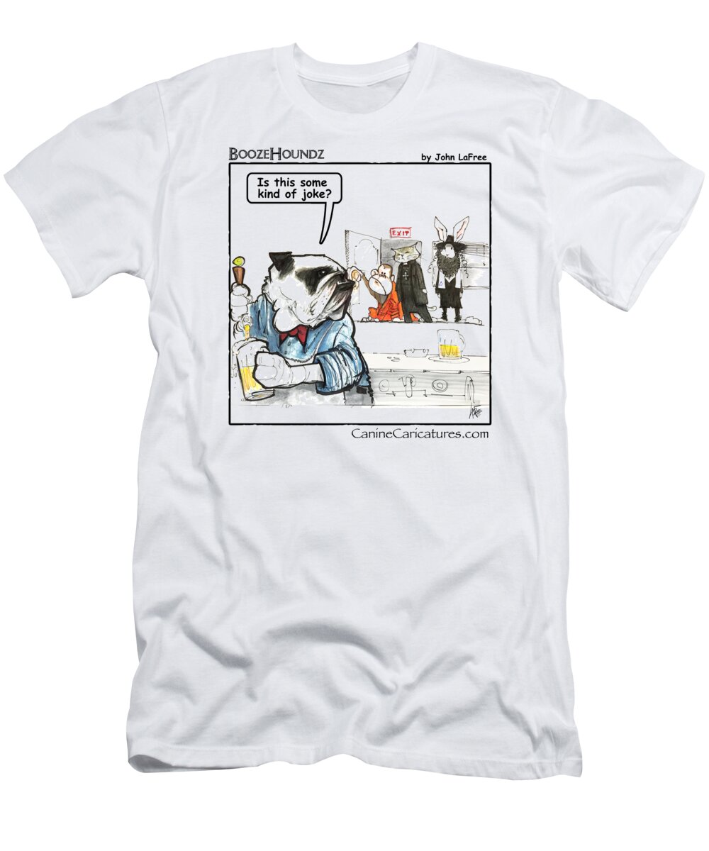 Bulldog T-Shirt featuring the drawing BOOZEHOUNDZ Monk, Priest and a Rabbi by Canine Caricatures By John LaFree
