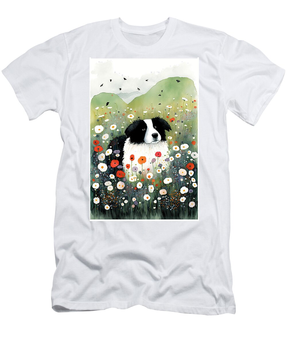 Border Collie T-Shirt featuring the painting Border collie in a flower field 2 by Debbie Brown