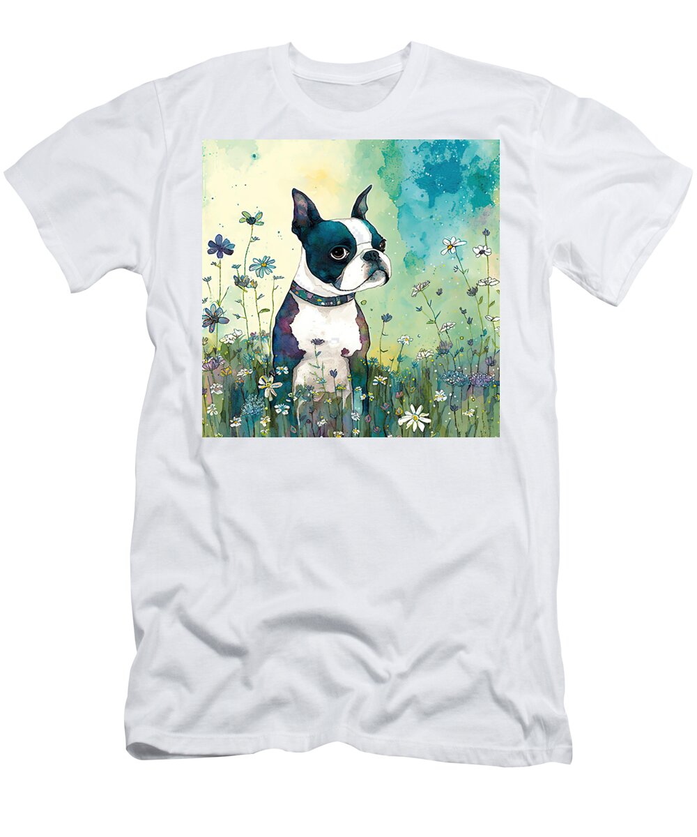 Boston Terrier T-Shirt featuring the digital art Boston Terrier in a flower field 2 by Debbie Brown