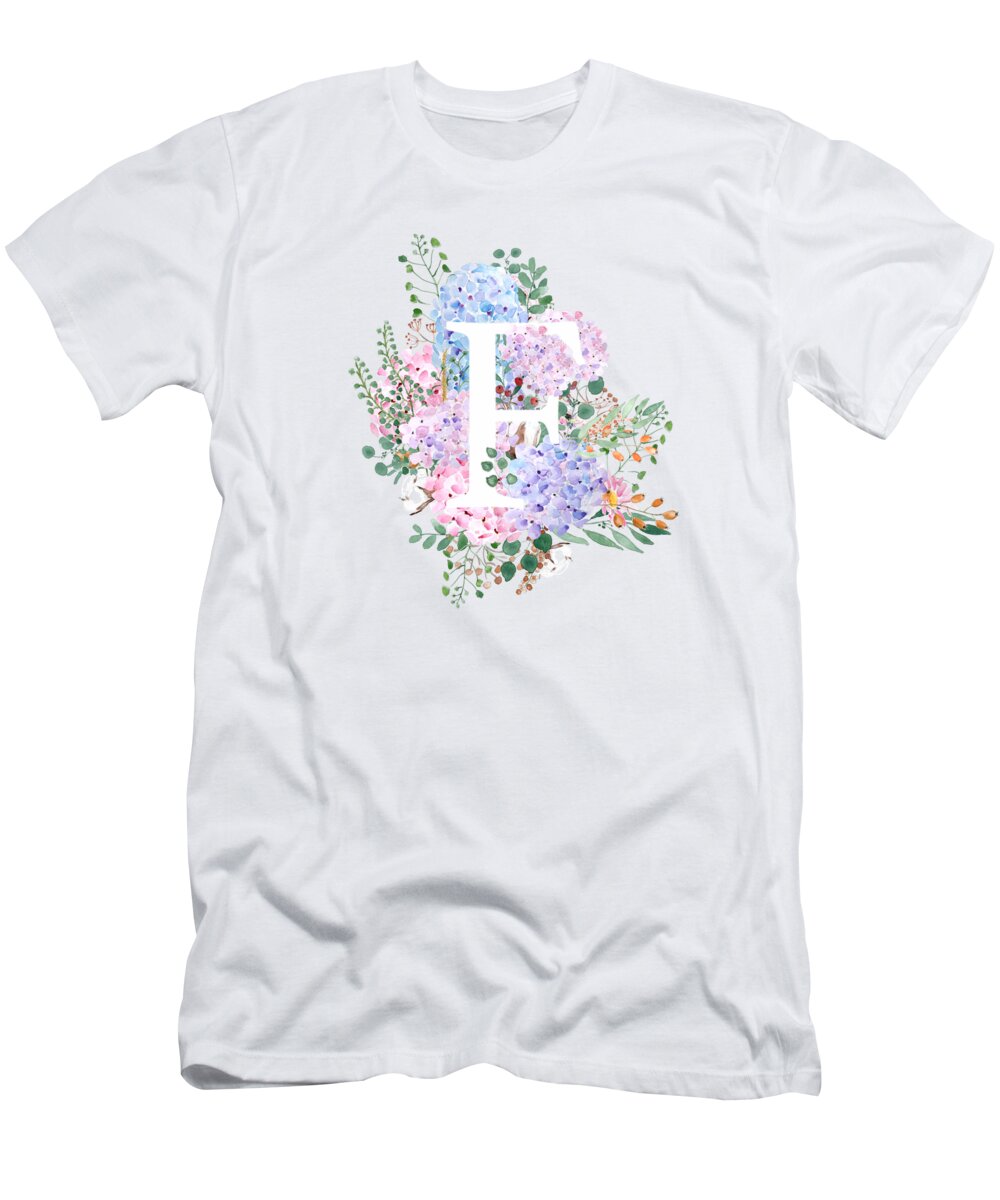 Hydrangae Flowers T-Shirt featuring the painting botanical monogram alphabet F hydrangea flowers by Color Color