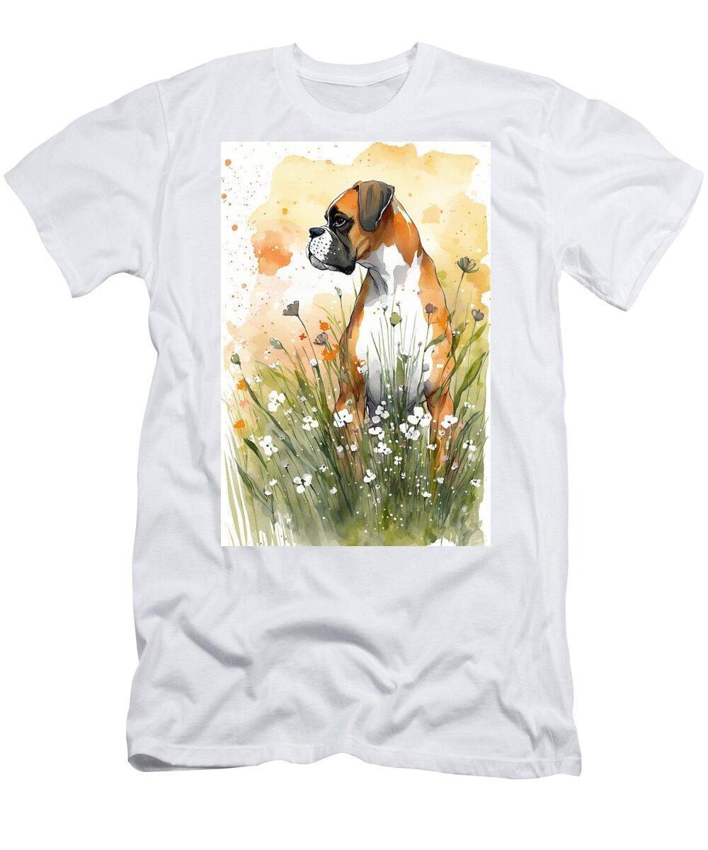 Boxer T-Shirt featuring the digital art Boxer in a flower field 2 by Debbie Brown