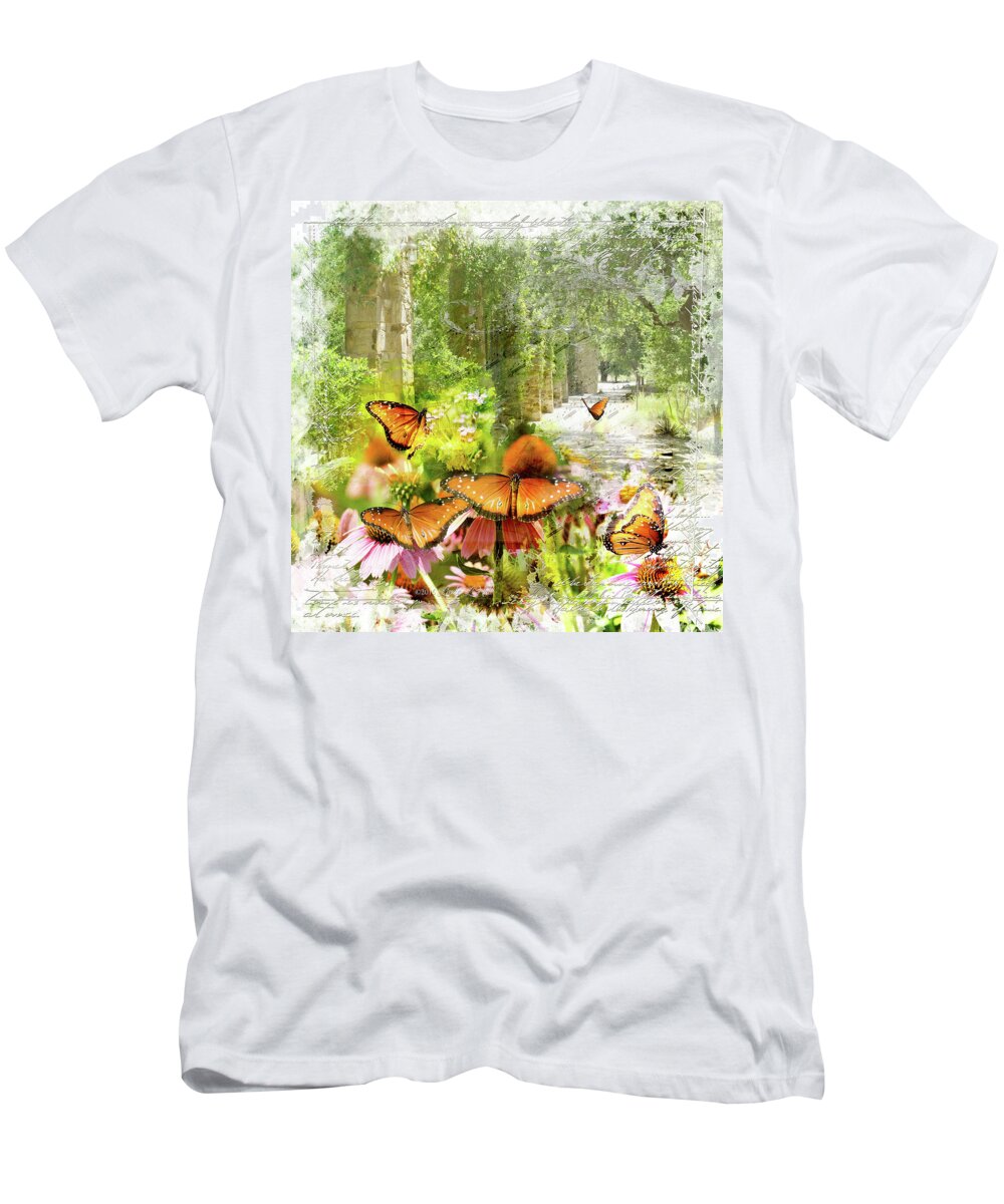 Green T-Shirt featuring the digital art Breezes and Butterflies by Linda Lee Hall
