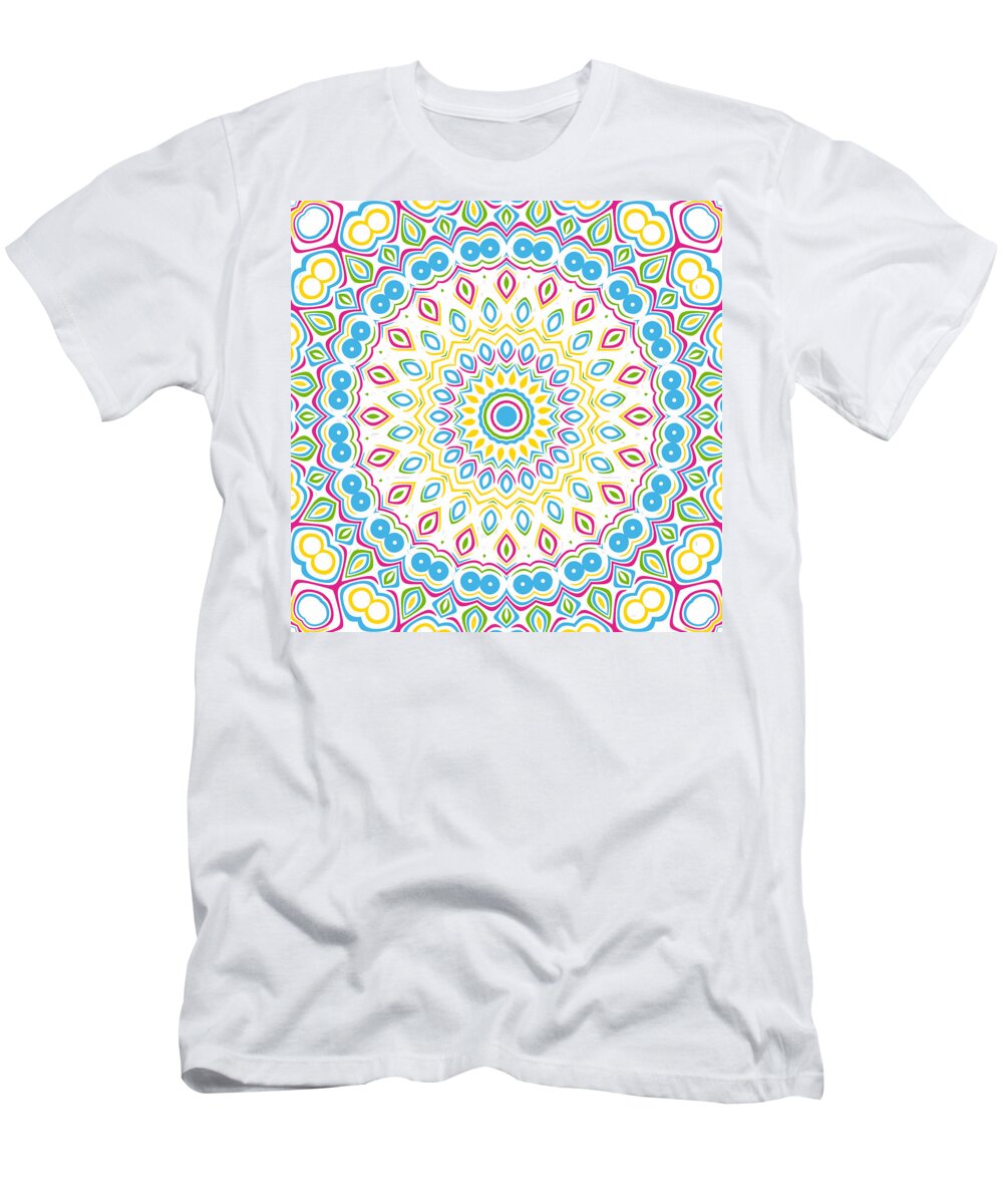 Colorful T-Shirt featuring the digital art Bright and Colorful Mandala Kaleidoscope Medallion by Mercury McCutcheon