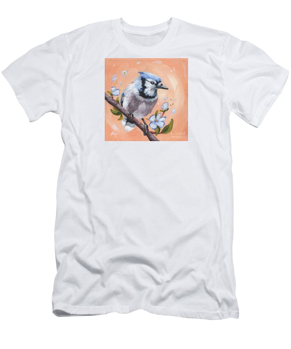 Bird T-Shirt featuring the painting Bright Eyed - Blue Jay Painting by Annie Troe