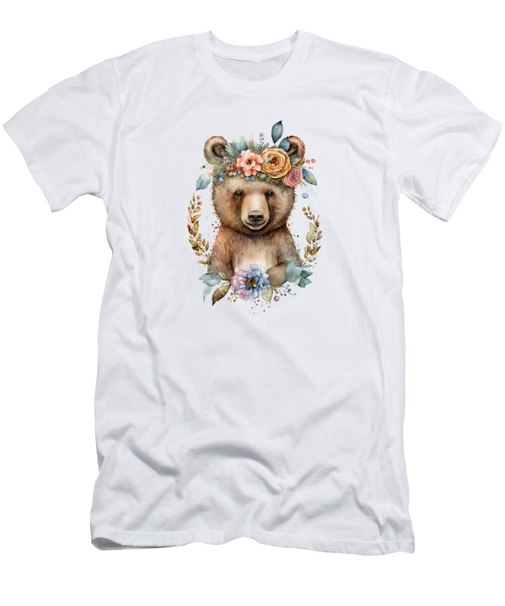 Boho T-Shirt featuring the digital art Brown Bear Boho Woodland Animal Floral by Heidi Joyce