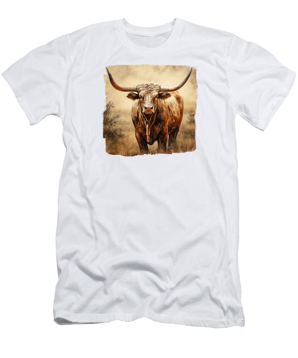 Texas Longhorn T-Shirt featuring the digital art Brown Texas Longhorn Bull by Elisabeth Lucas