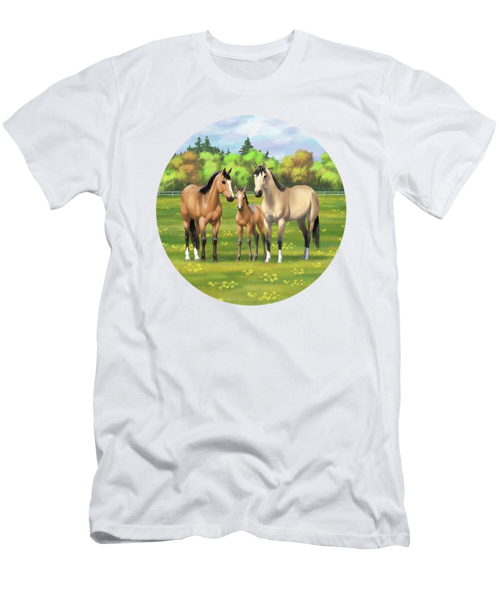 Horses T-Shirt featuring the painting Buckskin Dun Quarter Horses in Summer Pasture by Crista Forest