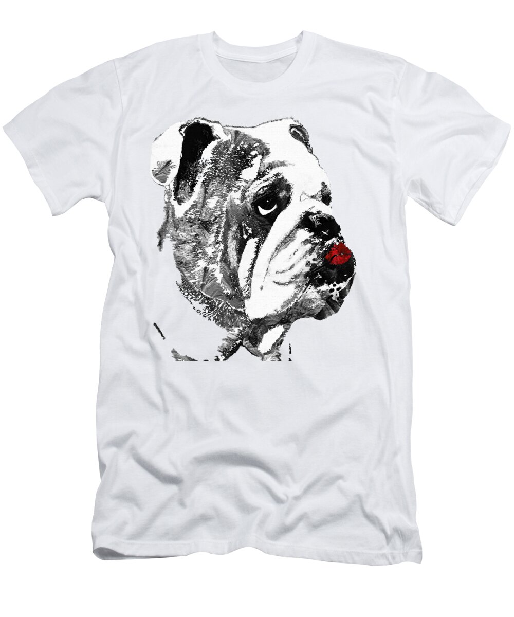 Dog T-Shirt featuring the painting Bulldog Pop Art - How Bout A Kiss 2 - By Sharon Cummings by Sharon Cummings