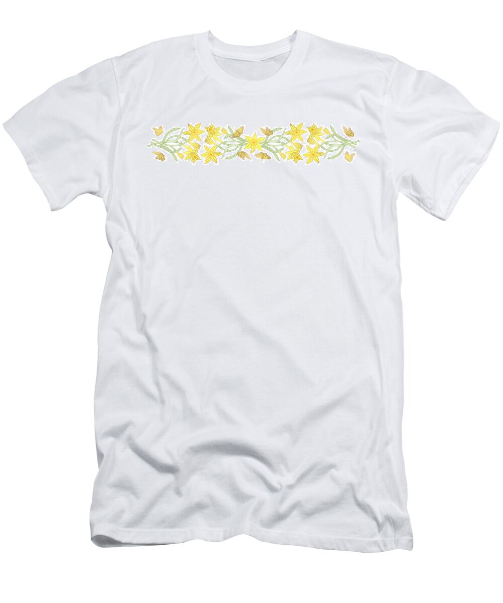 Horizontal T-Shirt featuring the painting Butterfly and Daffodil Horizontal Panel - Art by Jen Montgomery by Jen Montgomery