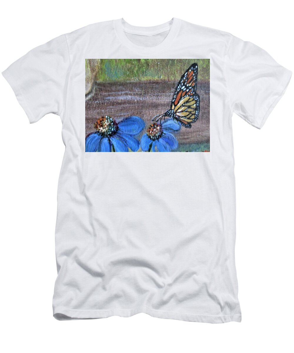 Butterfly Finds Cornflower T-Shirt featuring the painting Butterfly Finds Cornflower by Lynn Raizel Lane