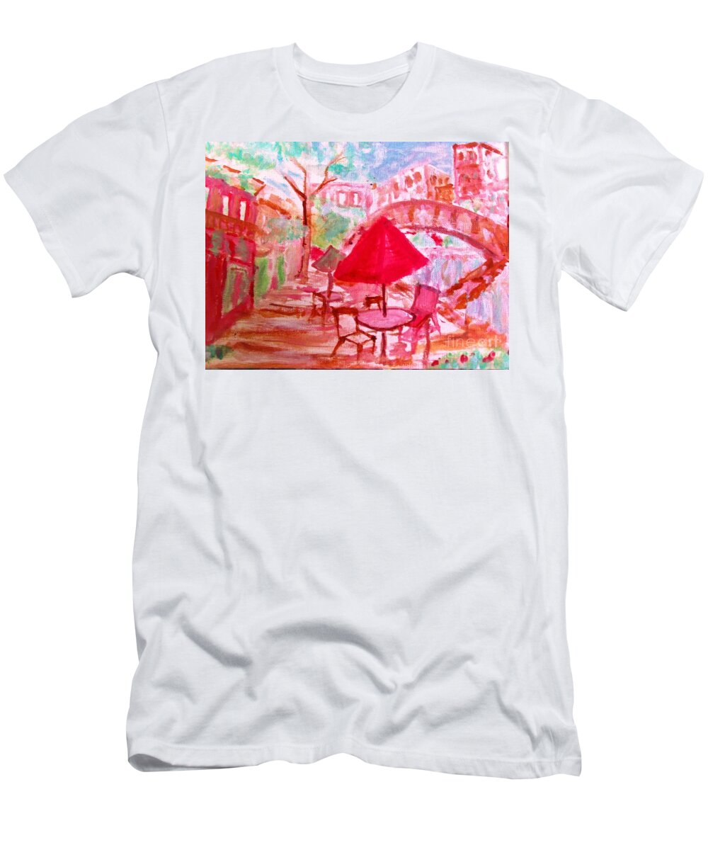 Café T-Shirt featuring the painting By The Canal by Stanley Morganstein