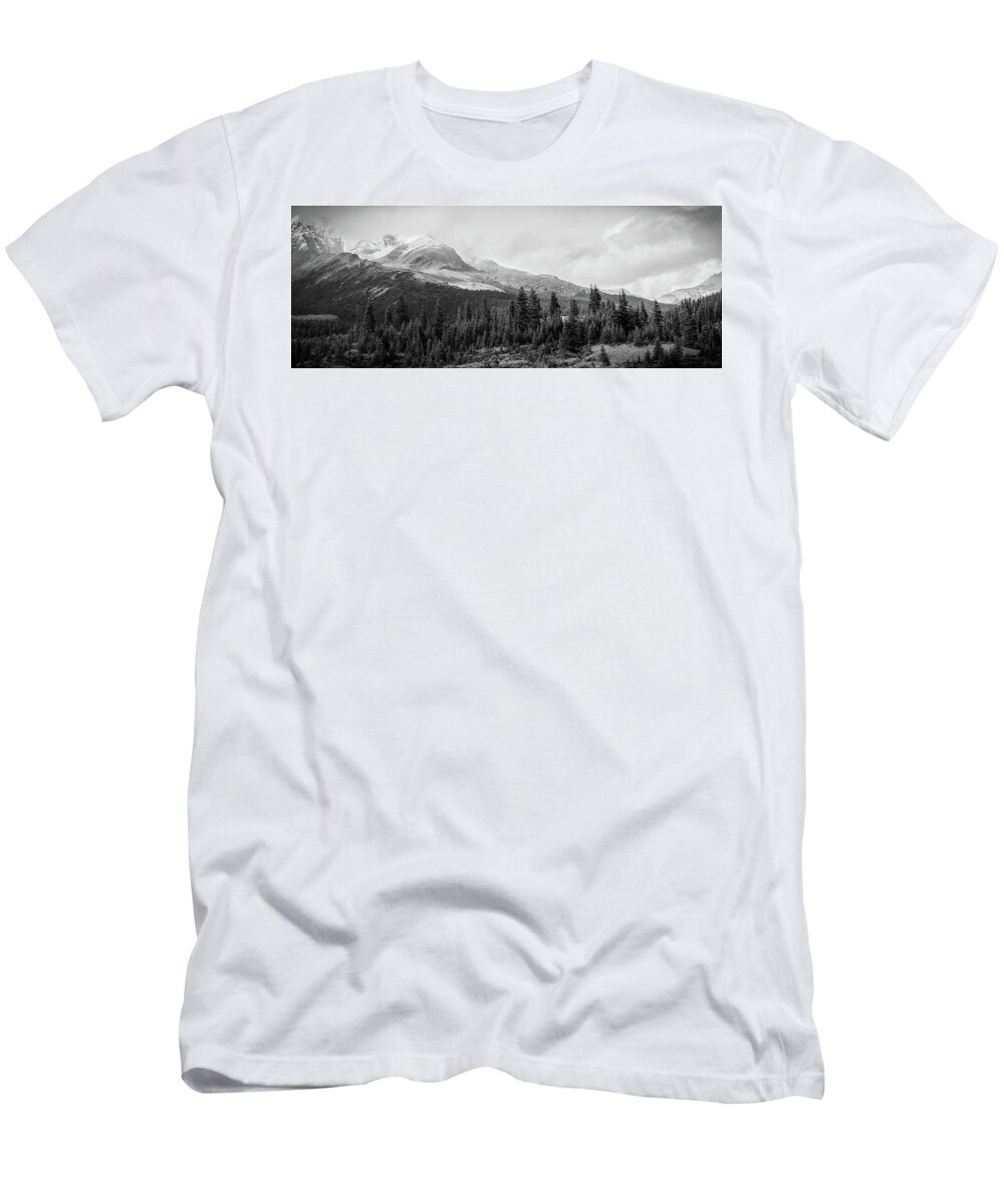 Mountain Landscape Panorama T-Shirt featuring the photograph Canadian Rockies Panorama Black And White by Dan Sproul