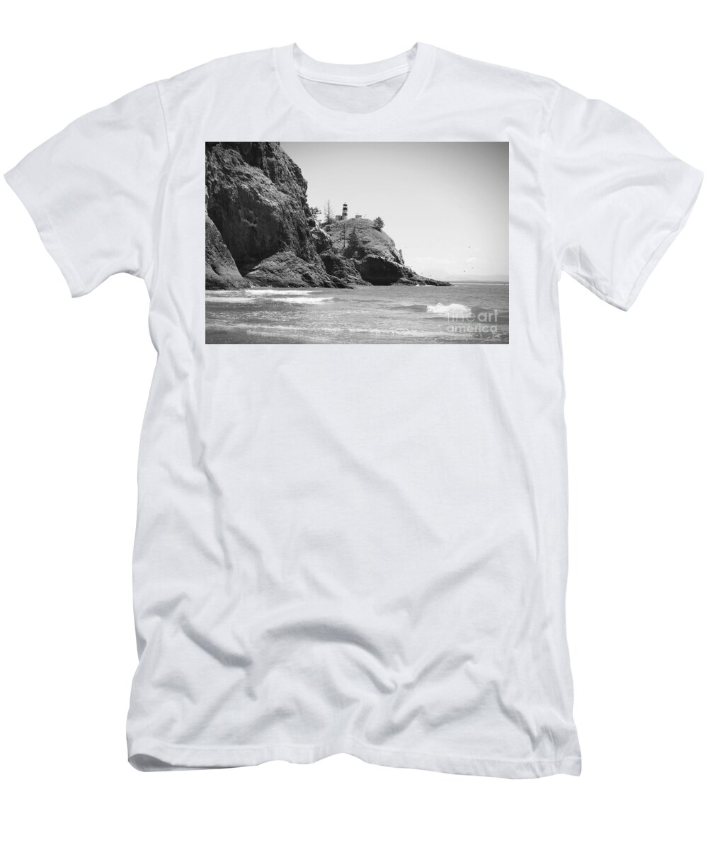 Lighthouse Black And White T-Shirt featuring the photograph Cape Disappointment in Black and White with Vignette by Carol Groenen