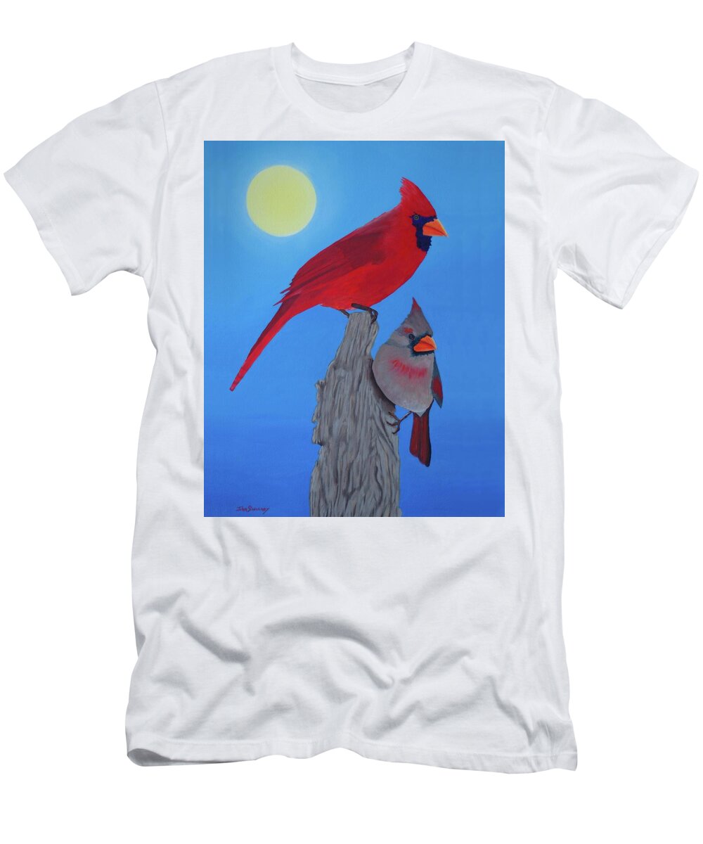 Cardinal Lovers T-Shirt featuring the painting Cardinal Lovers by John Sweeney