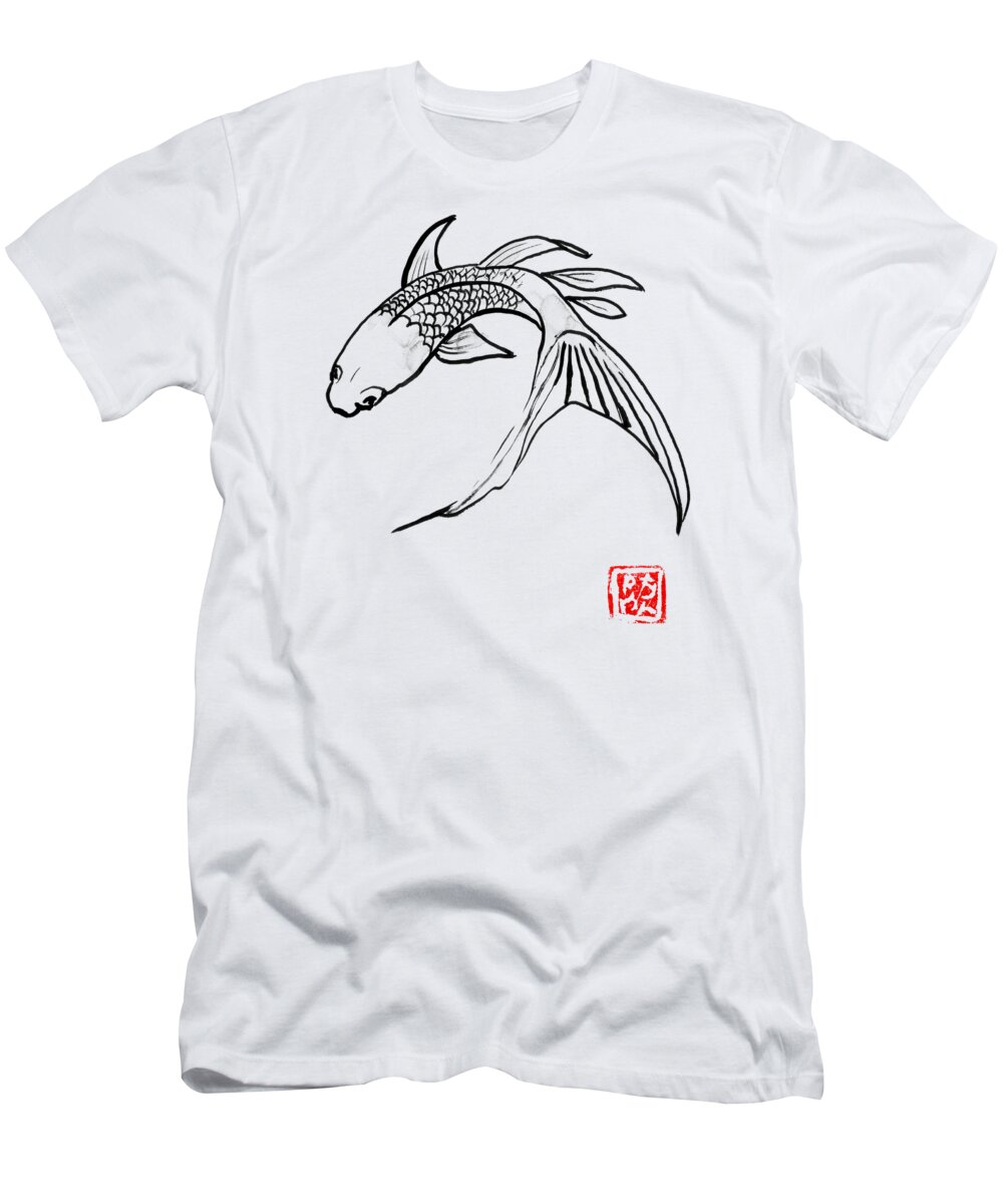Carp T-Shirt featuring the drawing Carp Koi Turning by Pechane Sumie