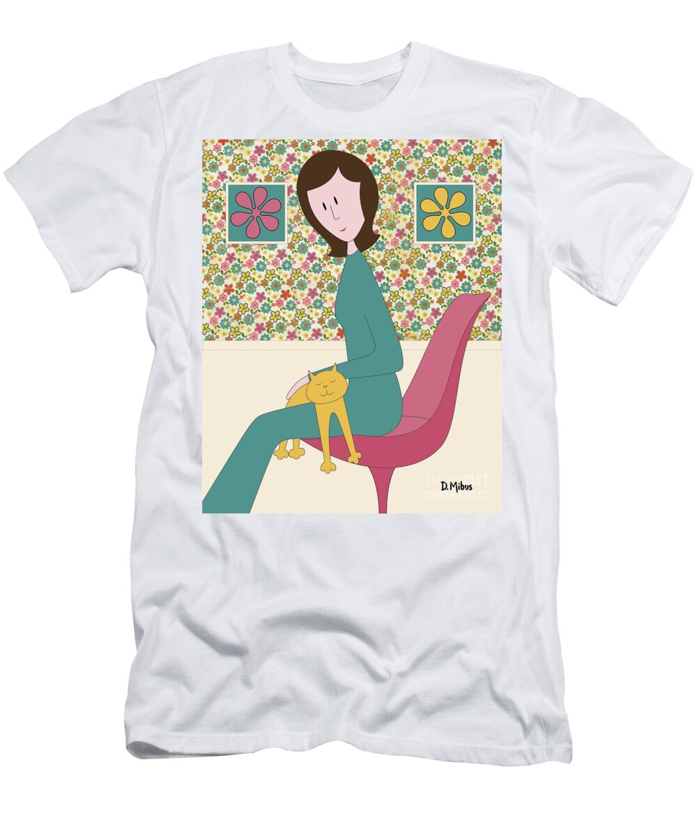 Mid Century Cat T-Shirt featuring the digital art Cat Cozy on Lap by Donna Mibus