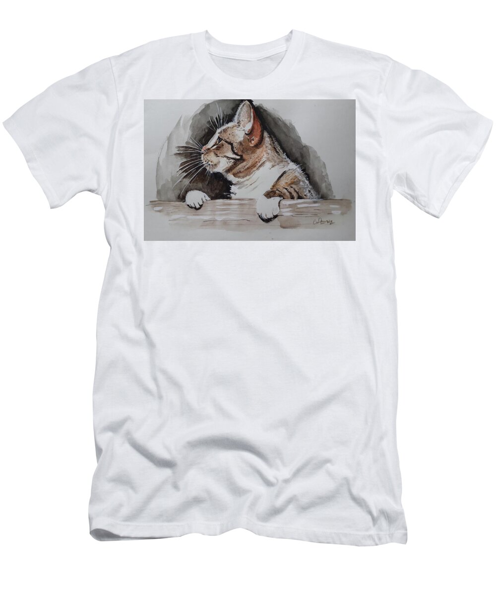 Cat T-Shirt featuring the drawing Cat on the wall by Carolina Prieto Moreno