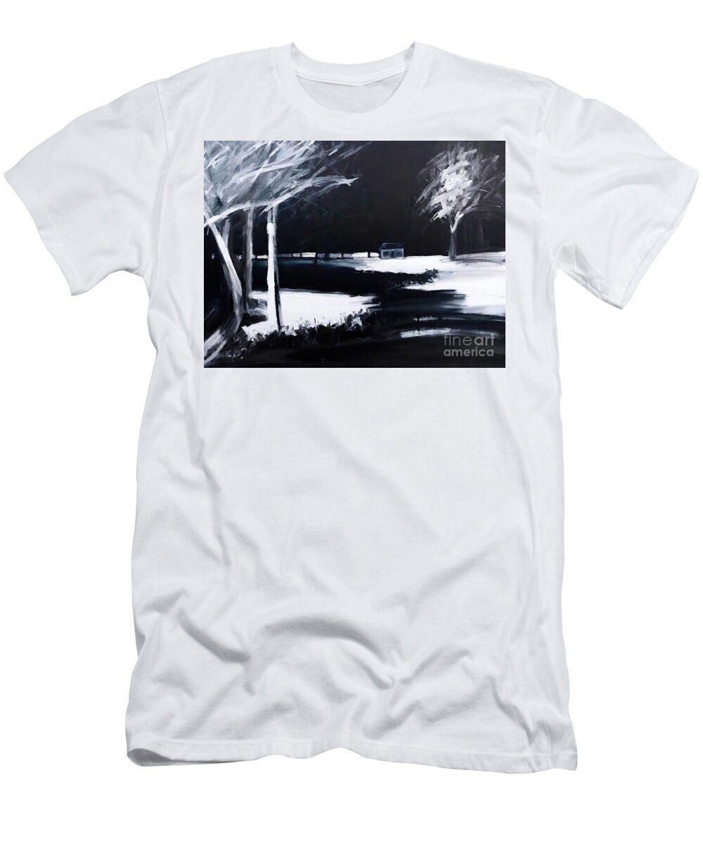 Night Landscape T-Shirt featuring the painting Central Park in the dark Painting night landscape snow new york black and white central park abstract aerial backdrop background blue design earth field fog forest geometric graphic growth by N Akkash