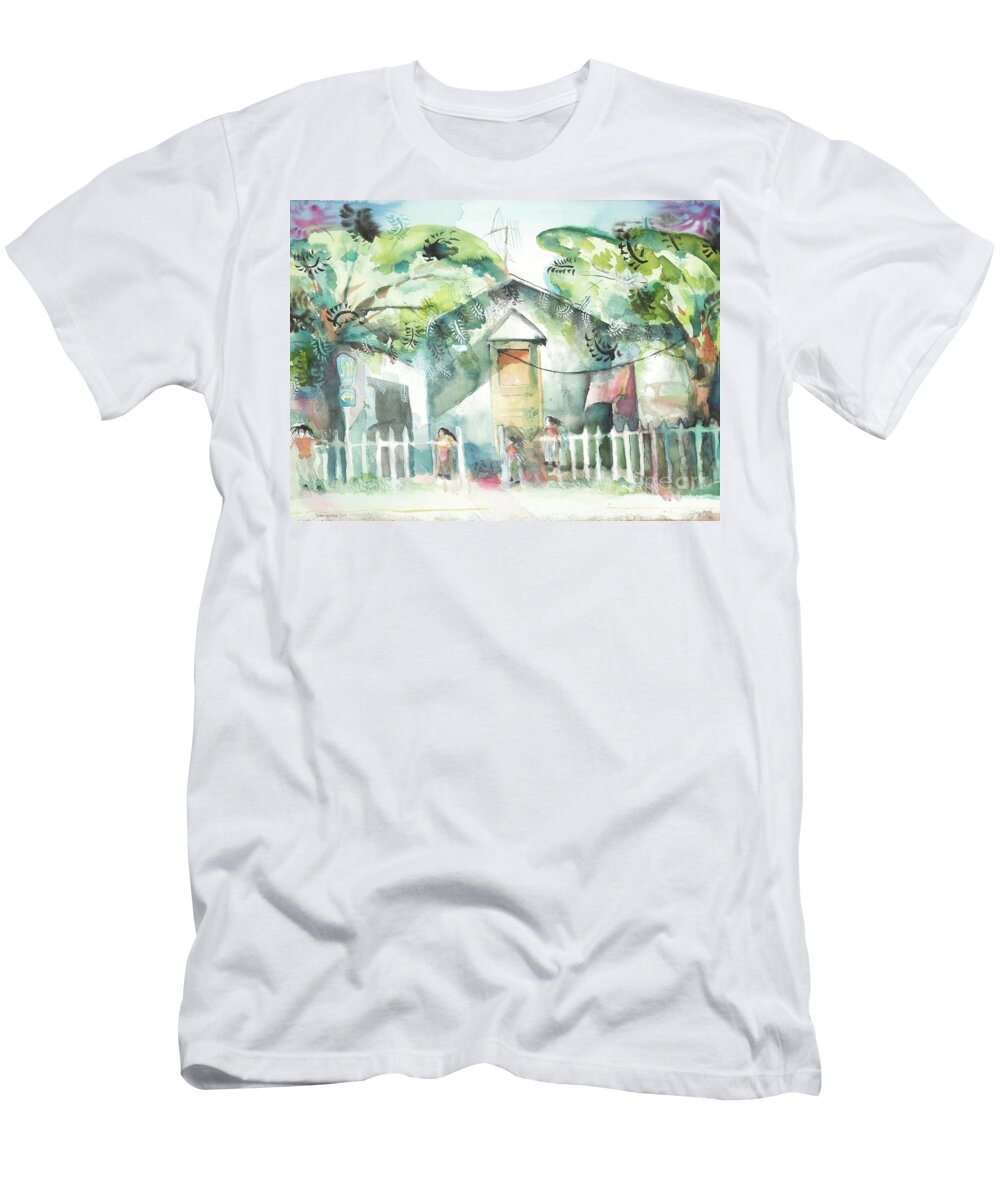 #children #play #childrenatplay #watercolor #watercolorpainting #rural #house #trees #picketfence #fence #door #s14 #southerncalifornia #california #vista #glenneff #neff #thesoundpoetsmusic #picturerockstudio Www.glenneff.com T-Shirt featuring the painting Children at Play by Glen Neff