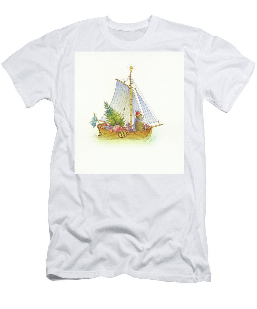Boat Sea Winter Water Christmas Holydays Christmascards T-Shirt featuring the drawing Christmas boat by Kestutis Kasparavicius
