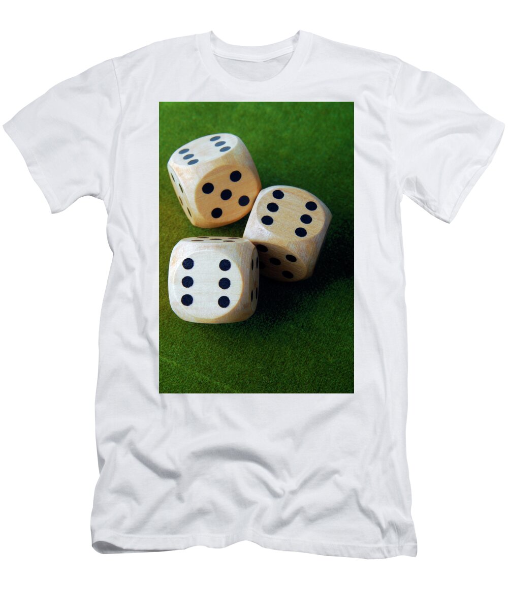 Dice T-Shirt featuring the photograph Closeup Of The Dices On Green Table by Severija Kirilovaite